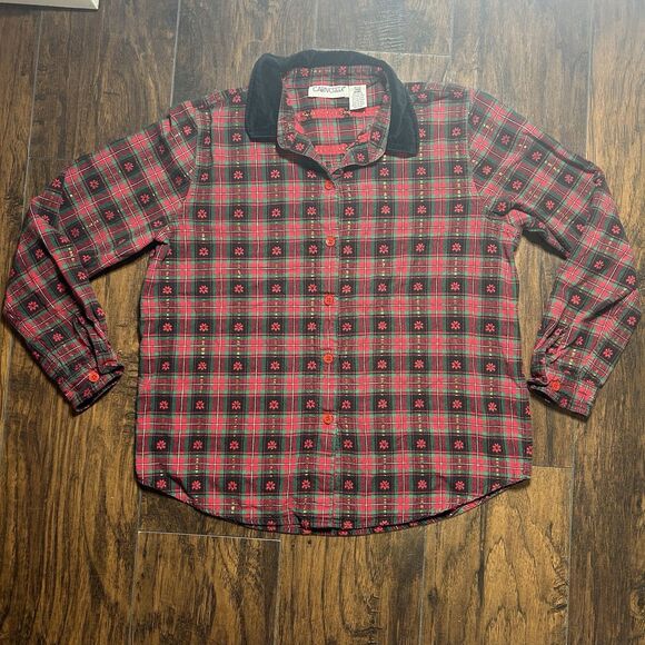 Cabin Creek Tops - Vintage Cabin Creek Red Plaid ButtonUp Poinsettia Christmas Shirt Women L Petite